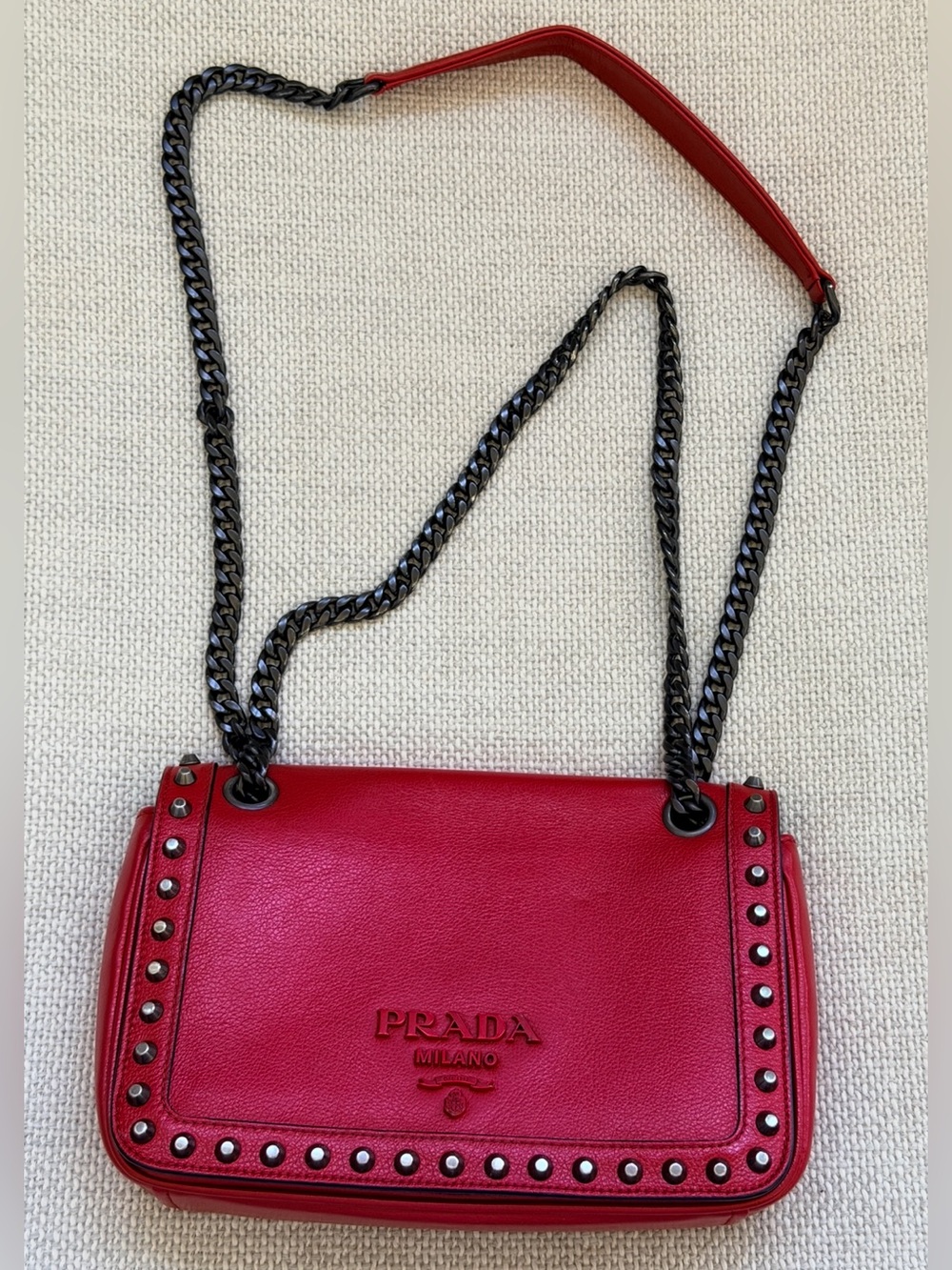 Prada Red Studded Leather Shoulder Bag